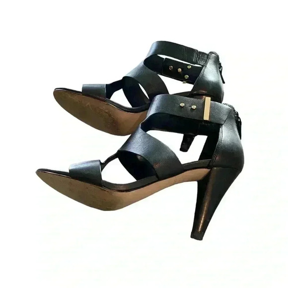 Cole  Haan Black Leather Strappy Sandals Size 6 Gold Trim Great Condition - Picture 2 of 8